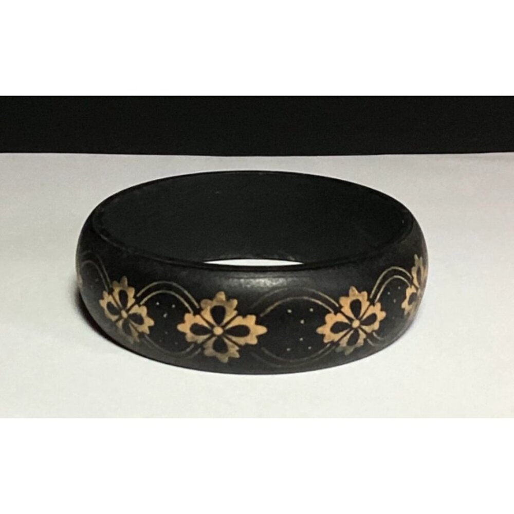 Hard Rubber Bangle Bracelet in Matte Black with Metallic Gold Floral Designs - Picture 5 of 7